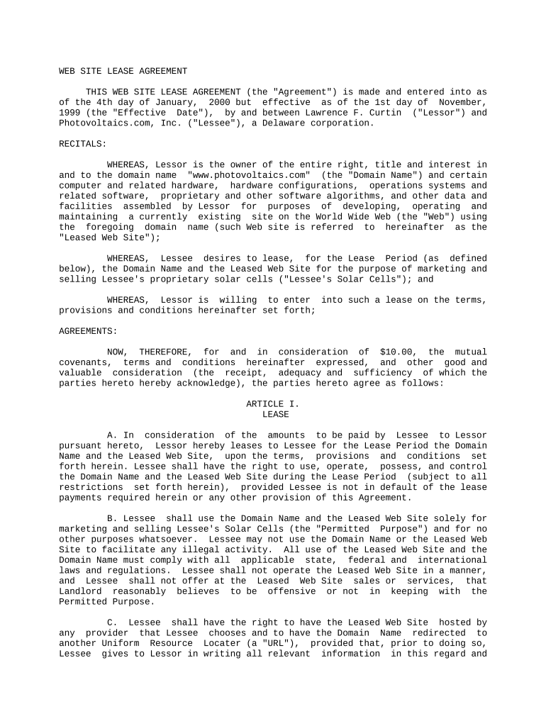 Web Site Lease Agreement Regarding Lease of Domain Name and Web Site for the Purpose of Marketing and Selling Proprietary Solar   Form