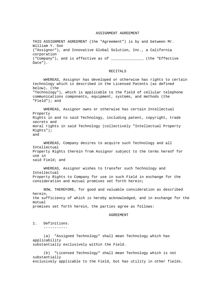 Assignment Agreement  Form