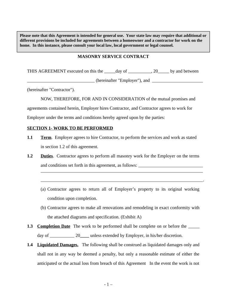 Masonry Services Contract Self Employed  Form