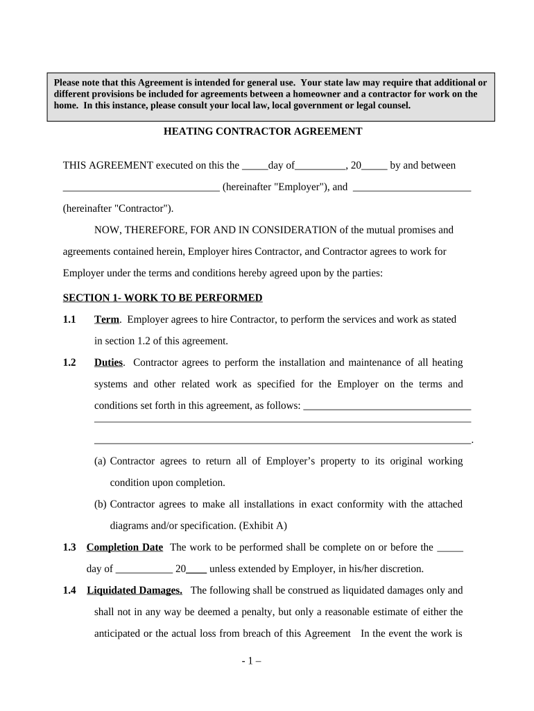 Heating Contractor Agreement Self Employed  Form