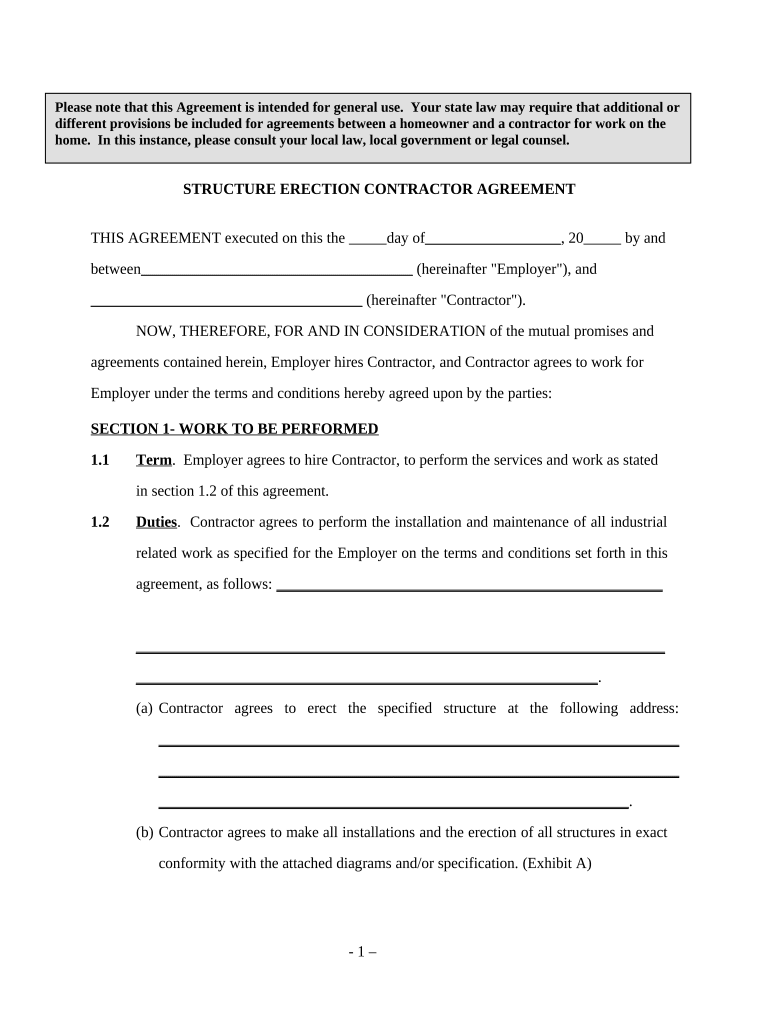Structure Erection Contractor Agreement Self Employed  Form