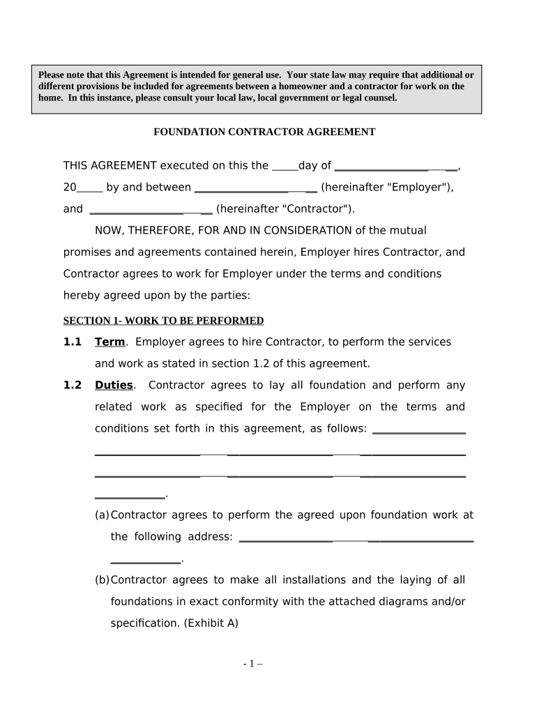 Foundation Contractor Agreement Self Employed  Form