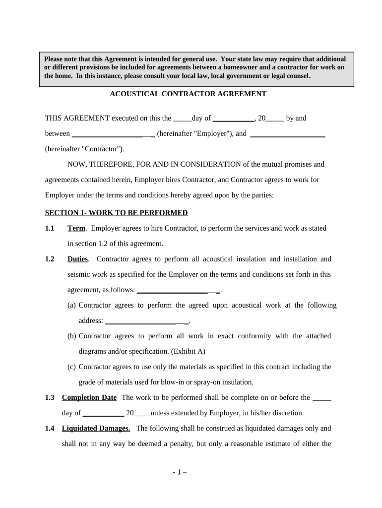 Acoustical Contractor Agreement Self Employed  Form