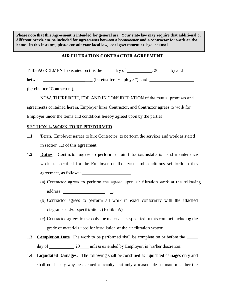 Air Filtration Contractor Agreement Self Employed  Form