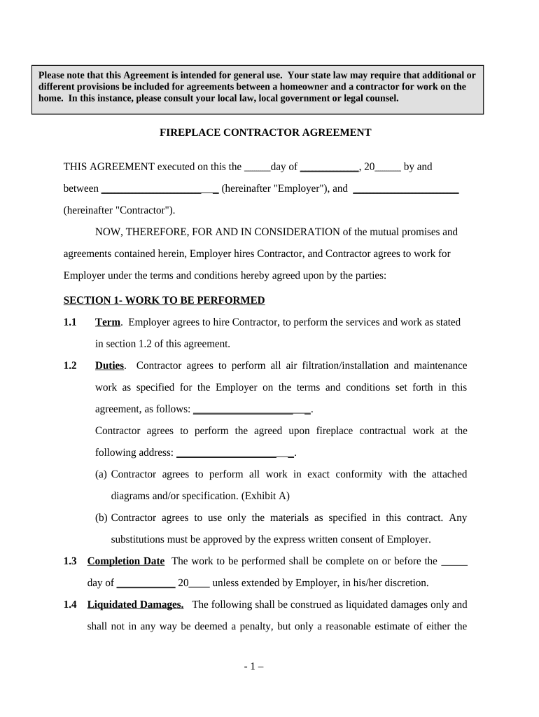 Fireplace Contractor Agreement Self Employed  Form