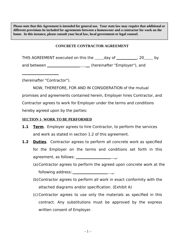 Concrete Agreement Contract  Form