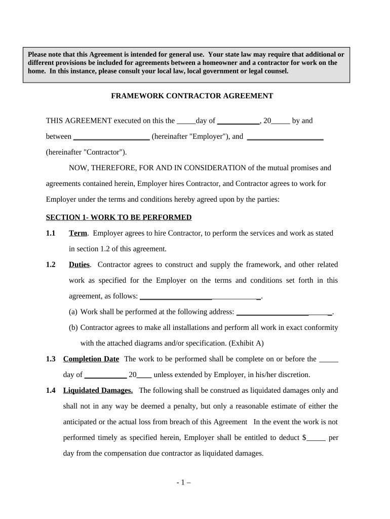 Framework Contractor Agreement Self Employed  Form