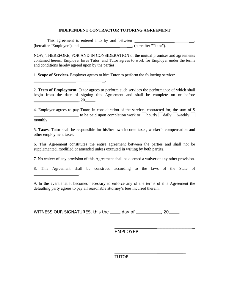 Tutoring Agreement Form Contract