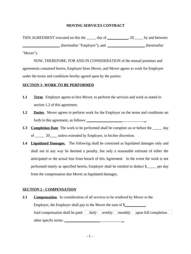 Moving Services Contract Self Employed  Form