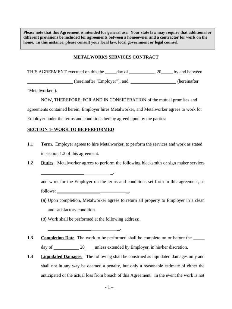 Metal Works Services Contract Self Employed  Form