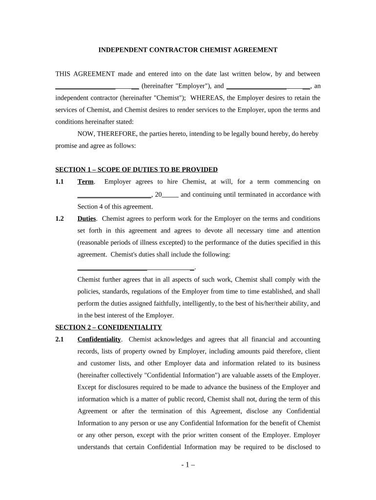 Self Employed Independent Contractor Chemist Agreement  Form