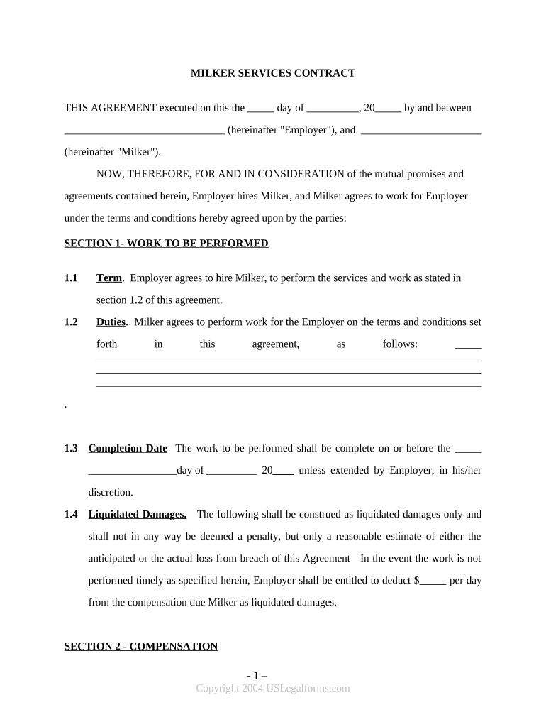 Milker Services Contract Self Employed  Form