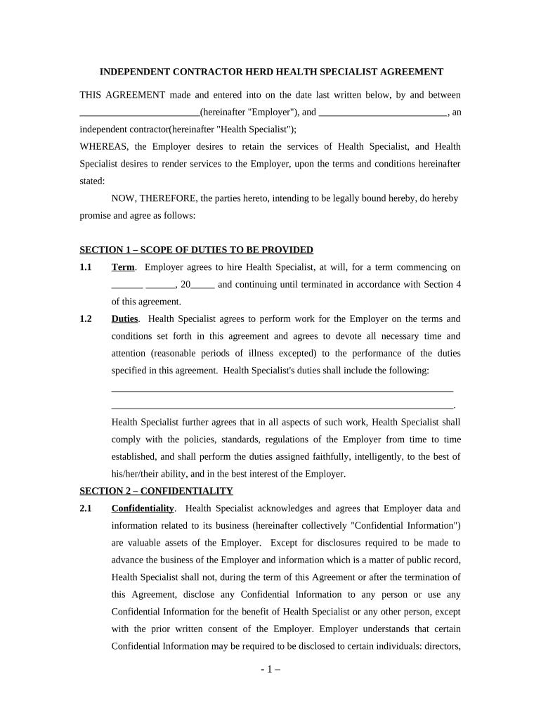 Herd Health Specialist Agreement Self Employed Independent Contractor  Form