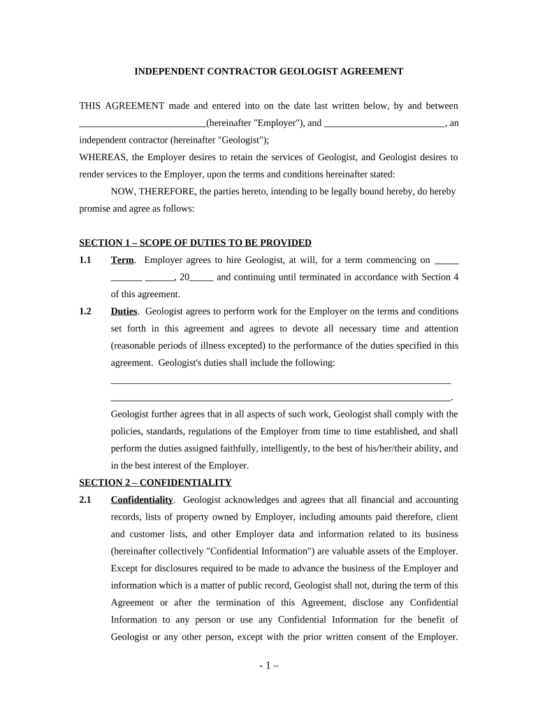 Geologist Agreement Self Employed Independent Contractor  Form