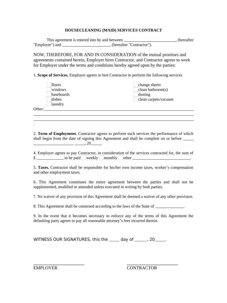 Housecleaning Services Contract Self Employed  Form