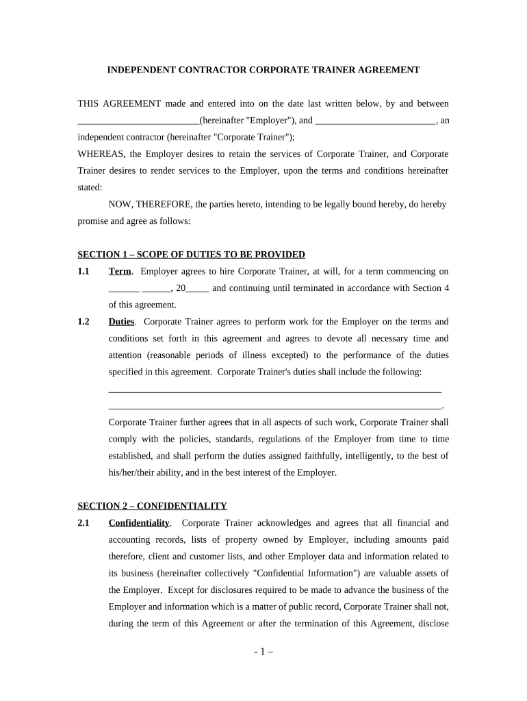 Training Agreement Contract  Form