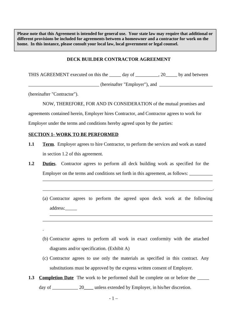 Deck Builder Contractor Agreement Self Employed  Form