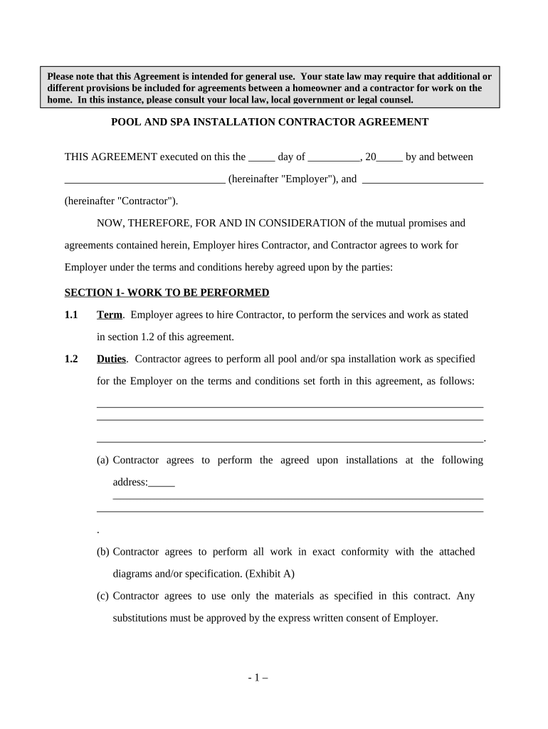 Pool Installation Aggrement  Form