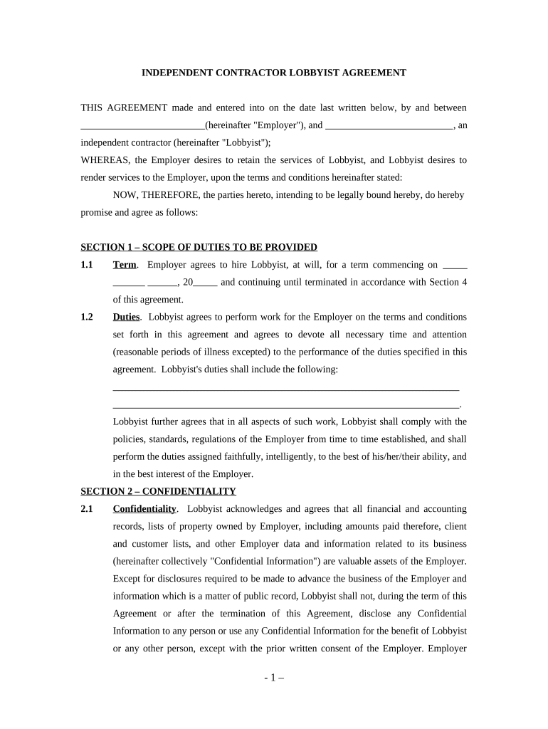 Lobbyist Agreement Self Employed Independent Contractor  Form