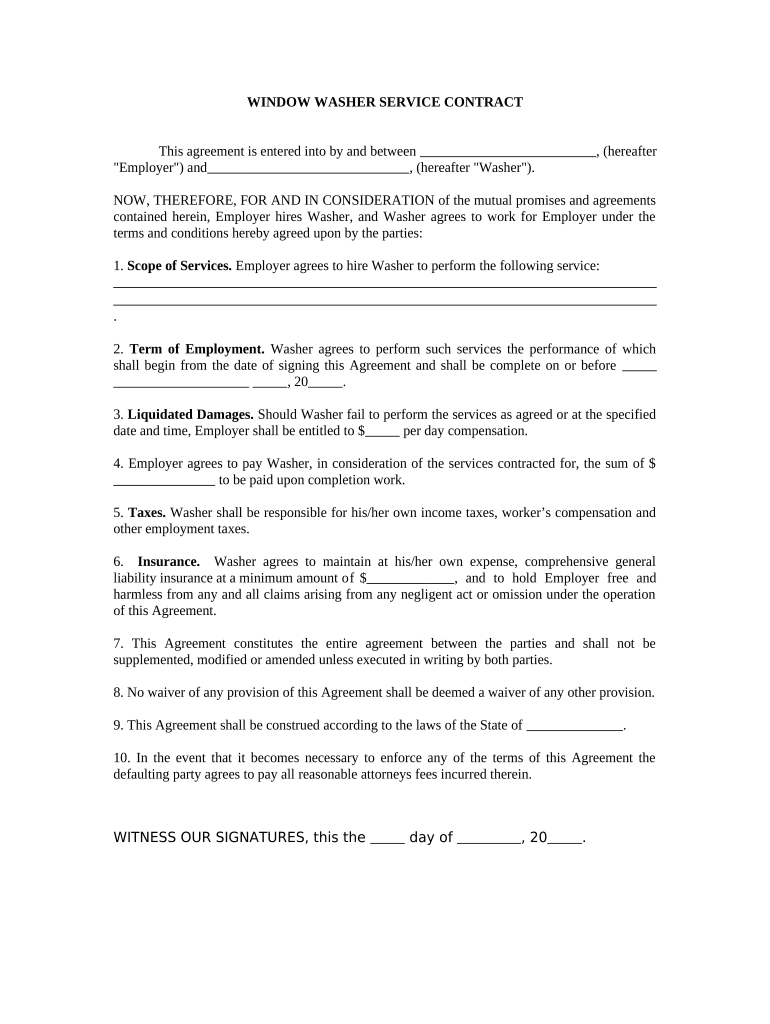 Self Employed Window Washer Services Contract  Form