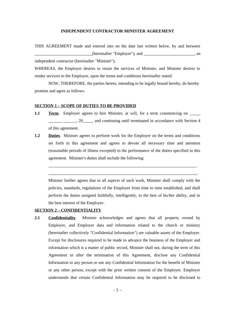 Minister Agreement Self Employed Independent Contractor  Form