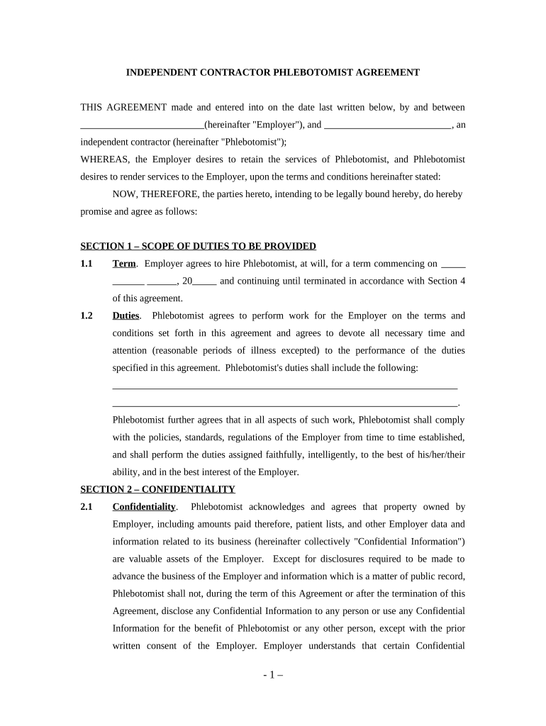 Phlebotomist Agreement Self Employed Independent Contractor  Form