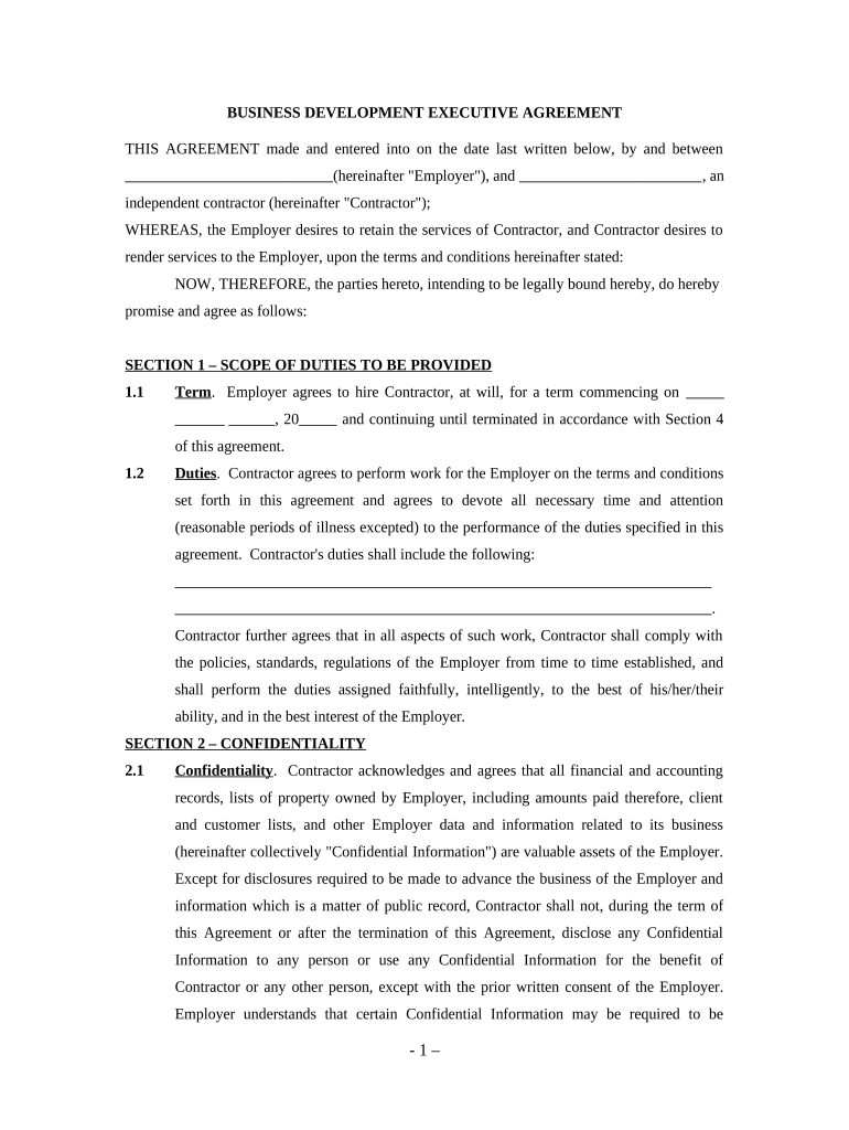 Self Employed Business Development Executive Agreement  Form