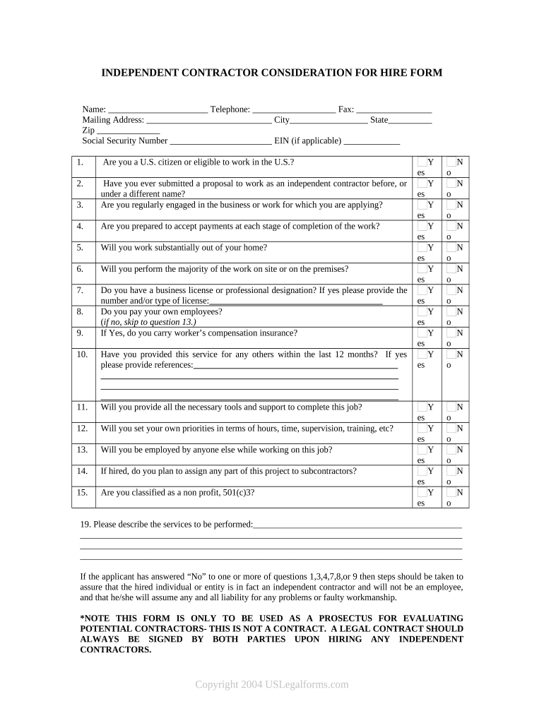 Self Employed Independent Contractor  Form
