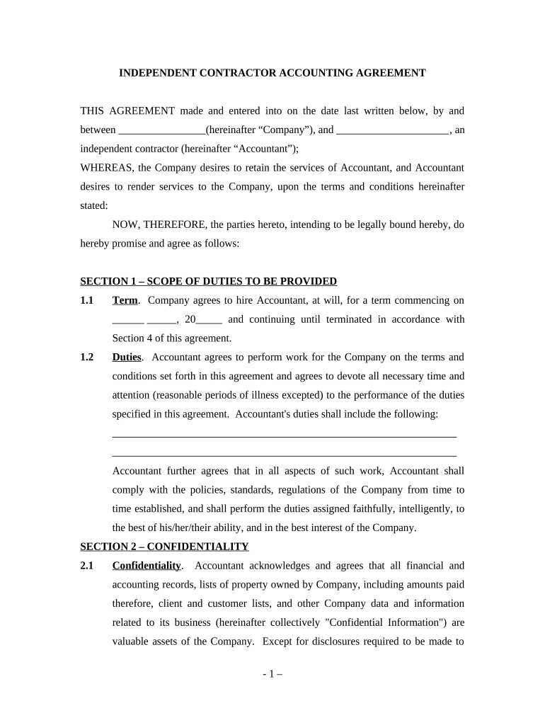 Accounting Agreement Self Employed Independent Contractor  Form