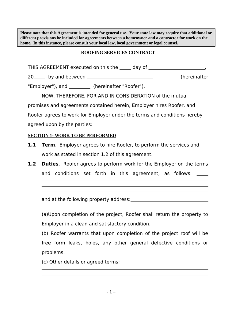 Roofing Agreement  Form