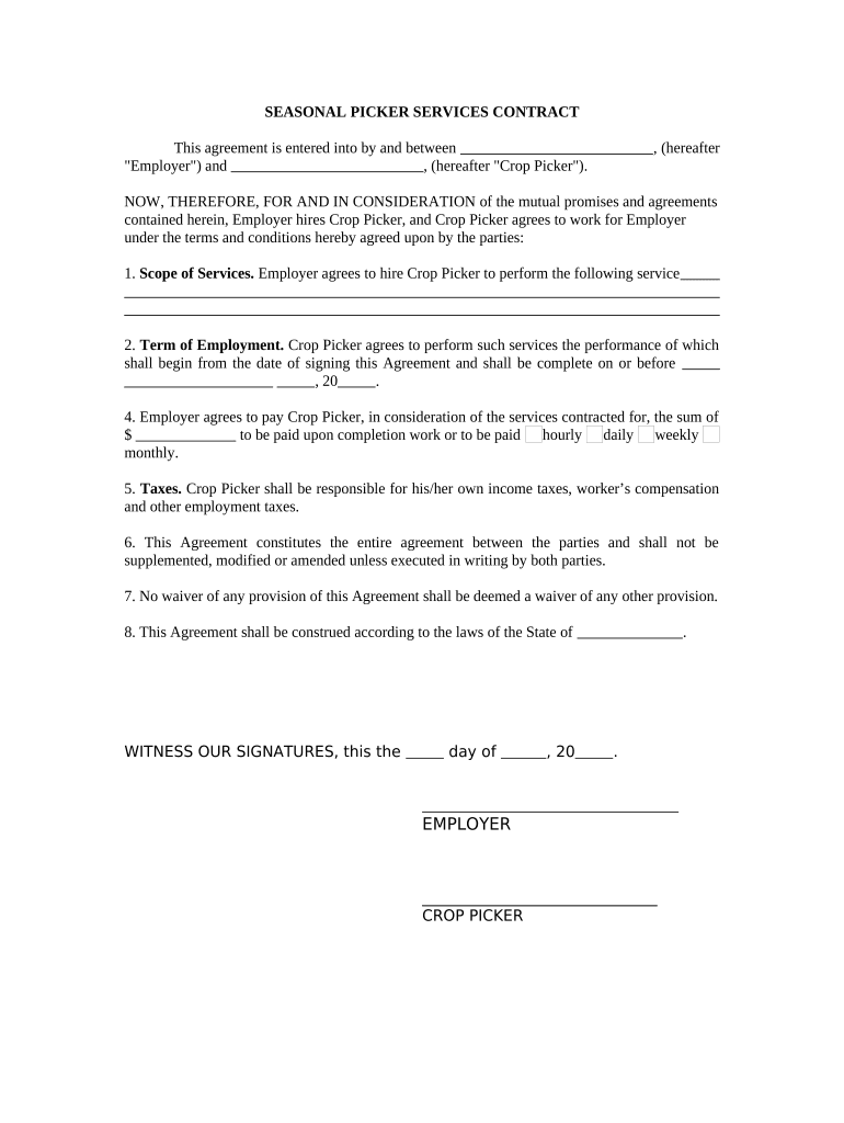 Self Employed Seasonal Picker Services Contract  Form