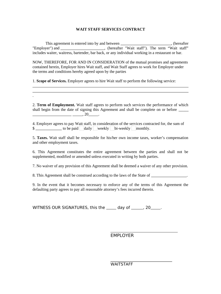 Self Employed Wait Staff Services Contract  Form