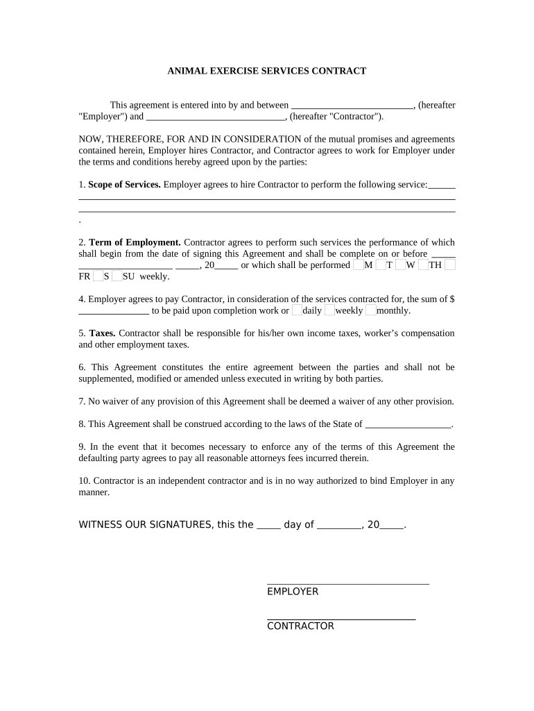 Self Employed Animal Exercise Services Contract  Form