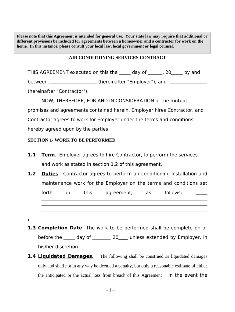 Self Employed Air Conditioning Services Contract  Form