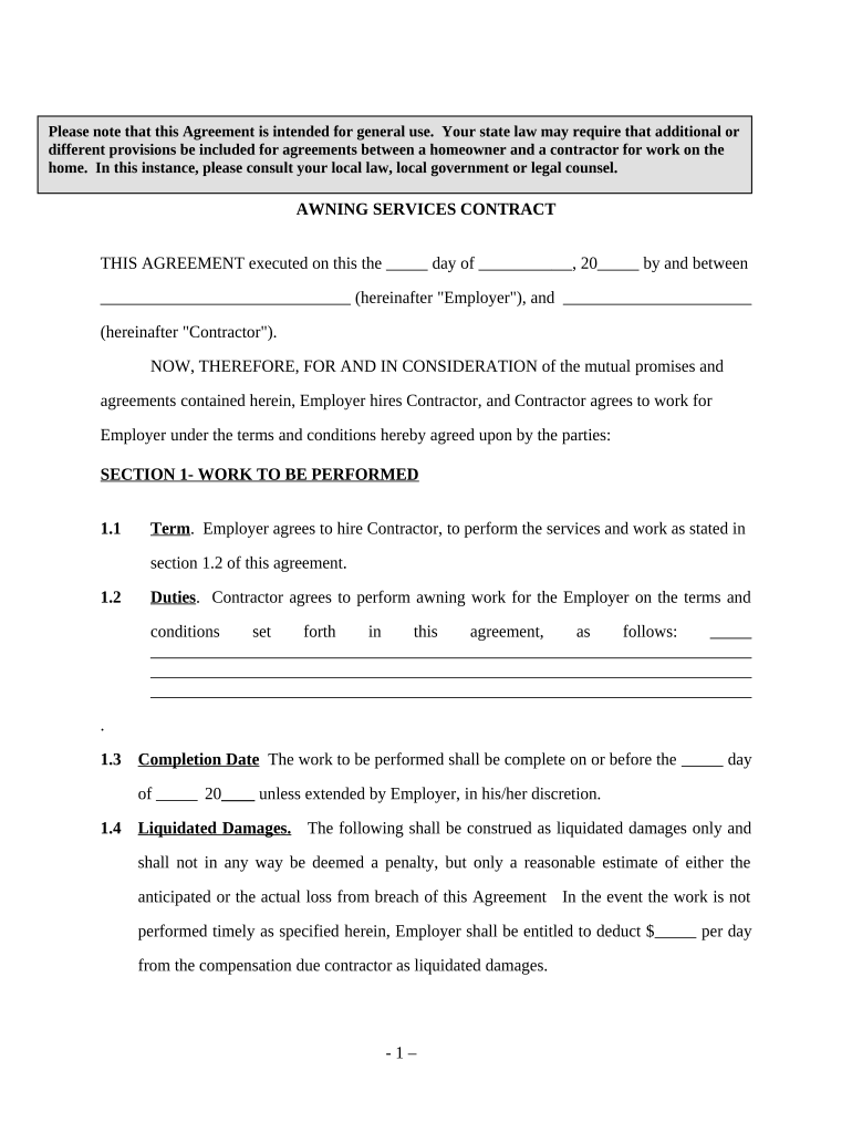 Self Employed Awning Services Contract  Form