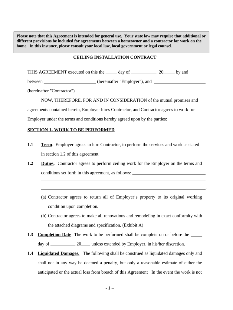 Self Employed Ceiling Installation Contract  Form