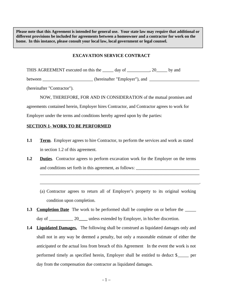 Excavation Contract  Form