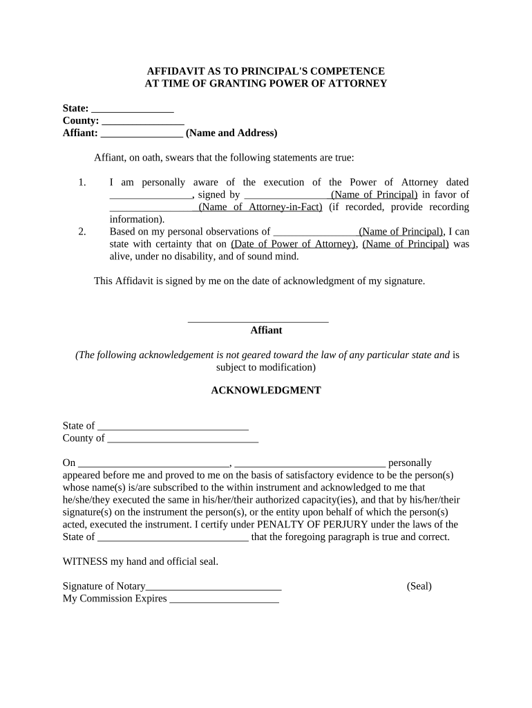 Affidavit as to Principal's Competence at Time of Granting Power of Attorney  Form