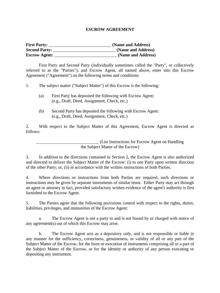 Escrow Agreement  Form