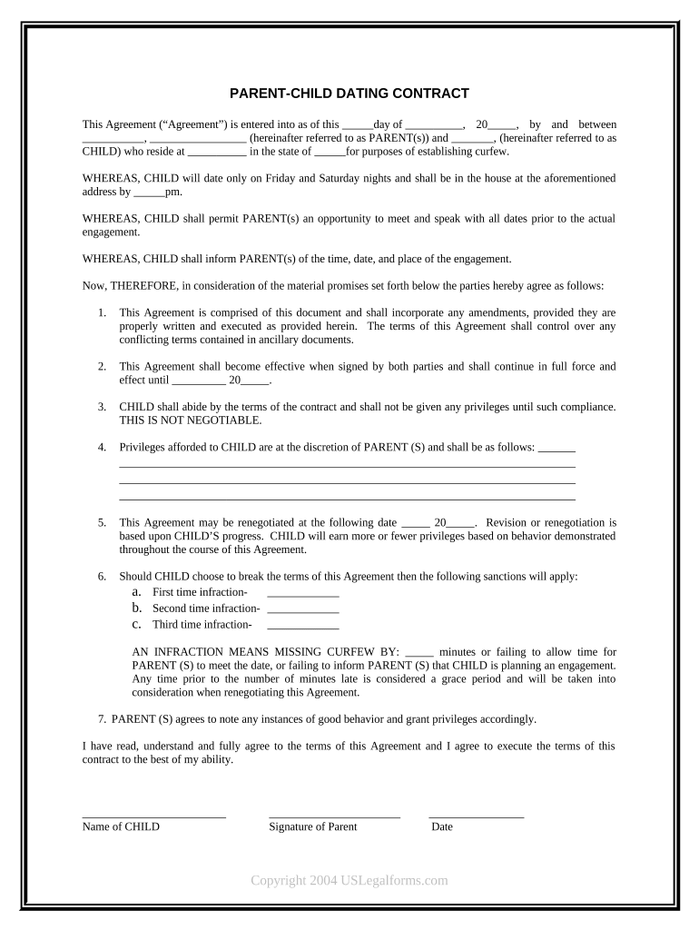 Parent Child Dating Contract  Form