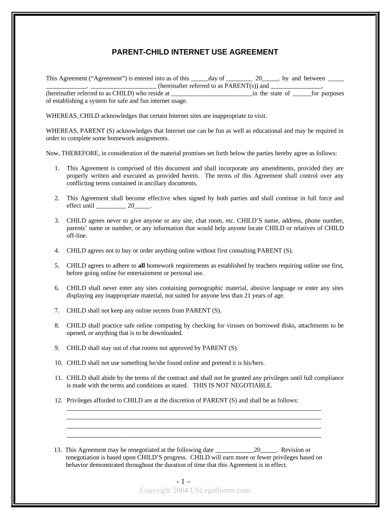 Parent Child Agreement  Form