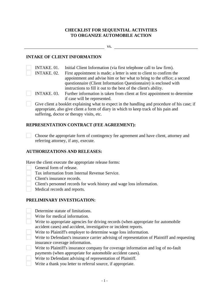 Checklist Long of Sequential Activities to Organize Automobile Action  Form