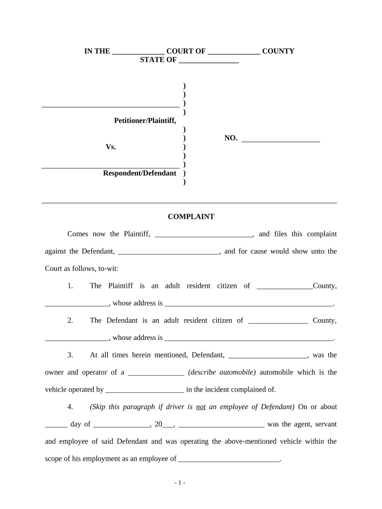 Complaint Auto Accident  Form