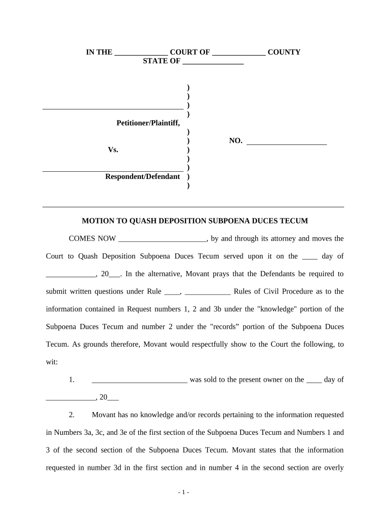 Motion Quash Subpoena  Form