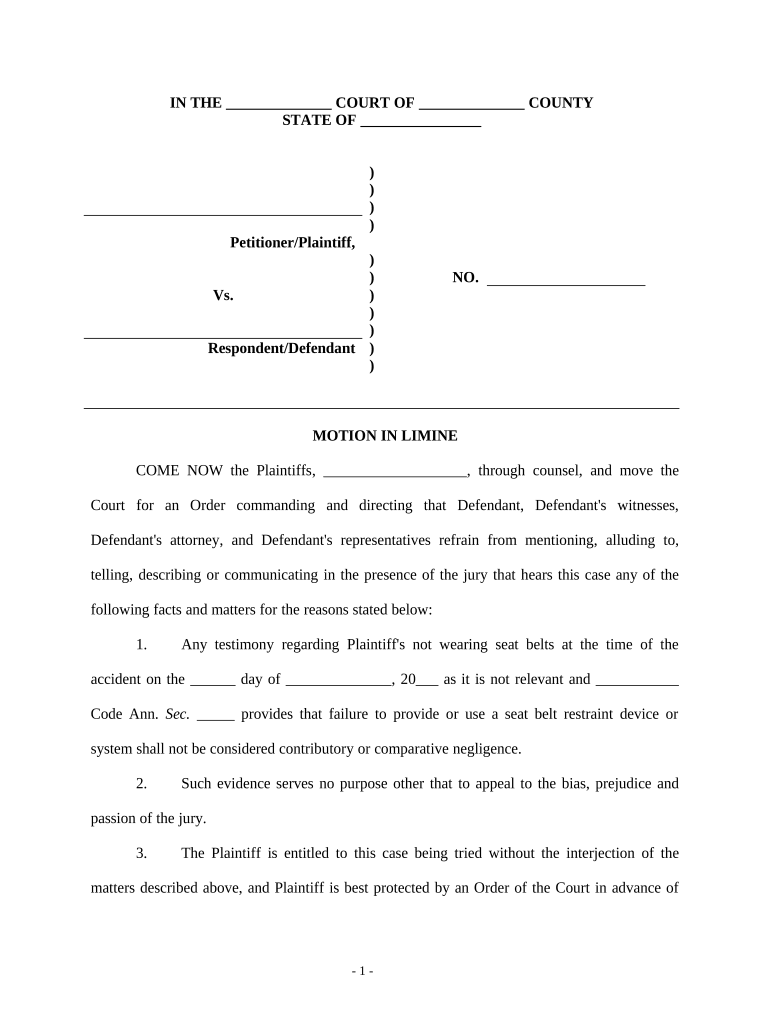 Motion in Limine Civil Trial  Form