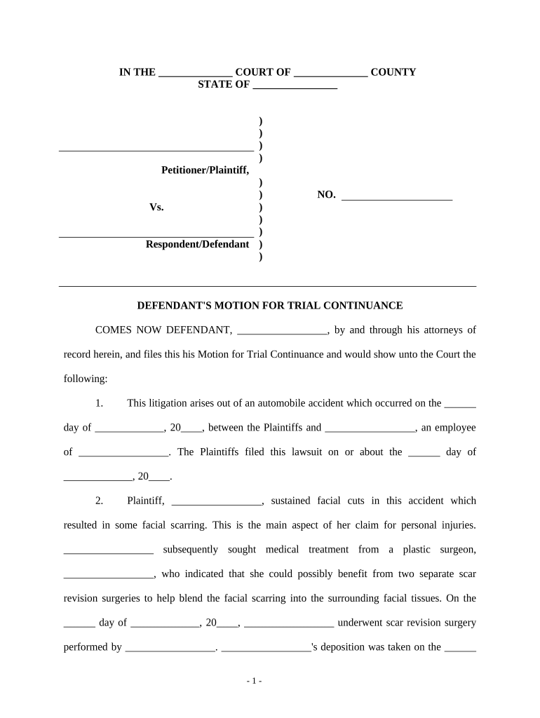 Motion Trial Continuance  Form