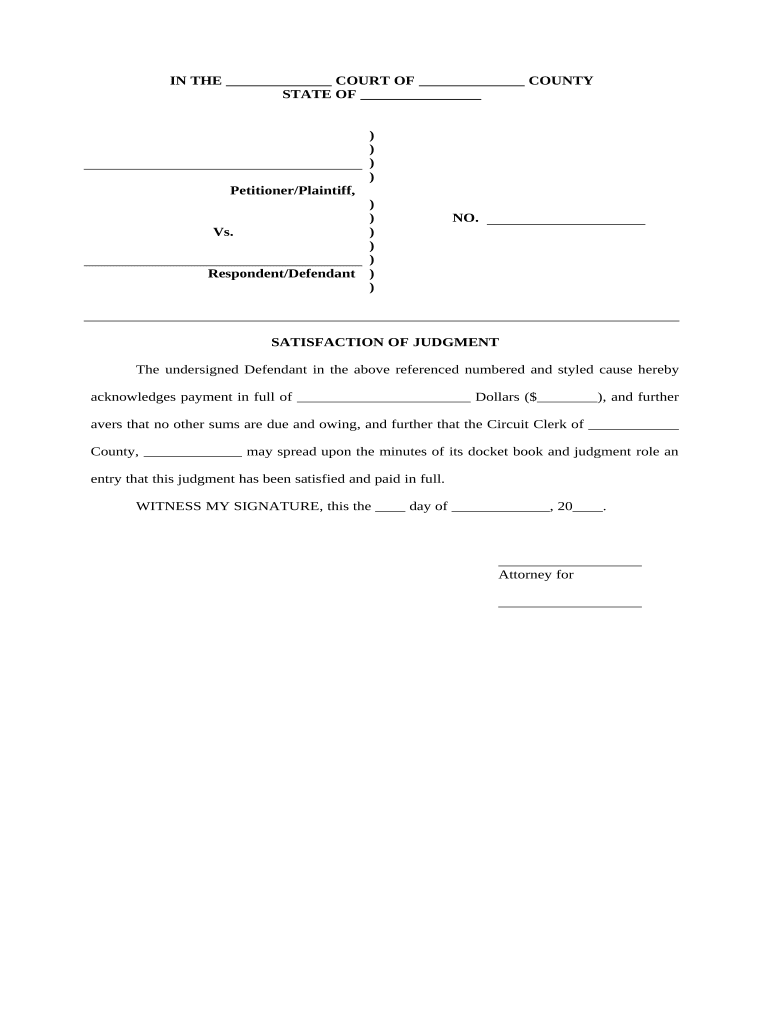 Satisfaction of Judgment for Civil Trial  Form