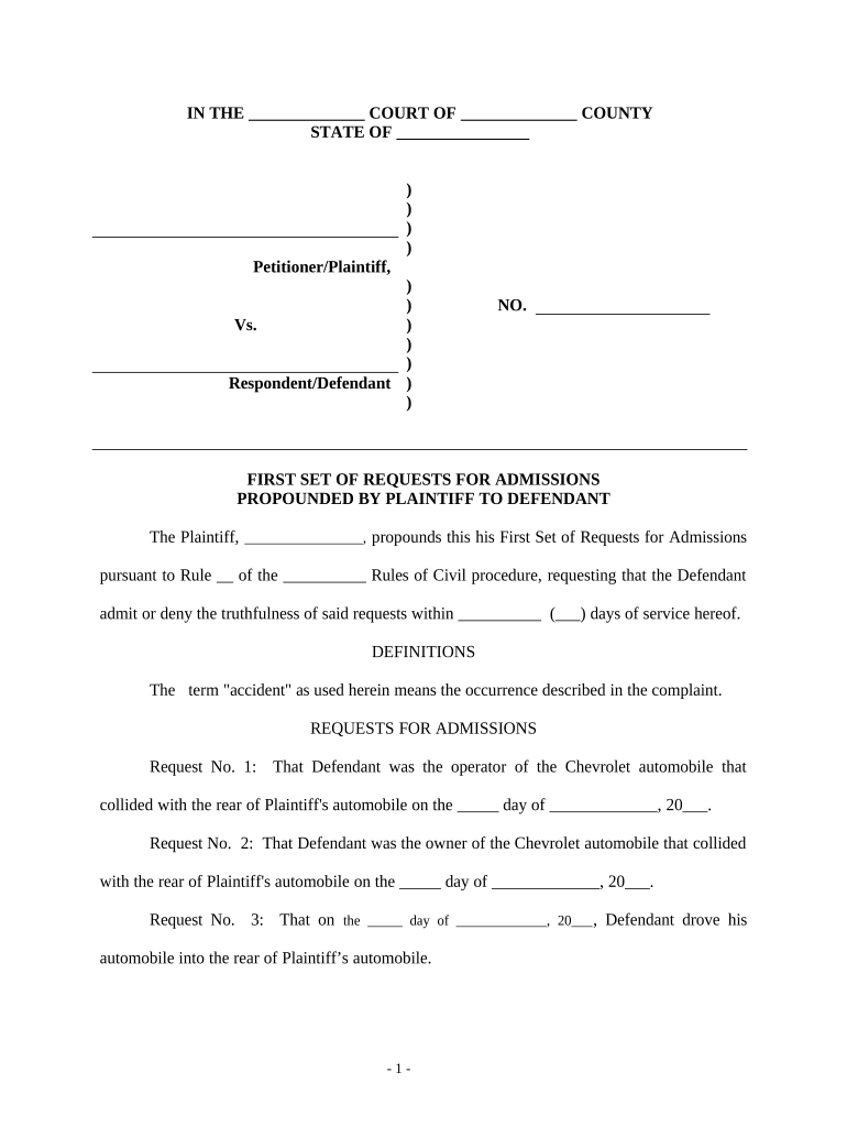 First Set of Requests for Admissions Personal Injury Auto Accident  Form