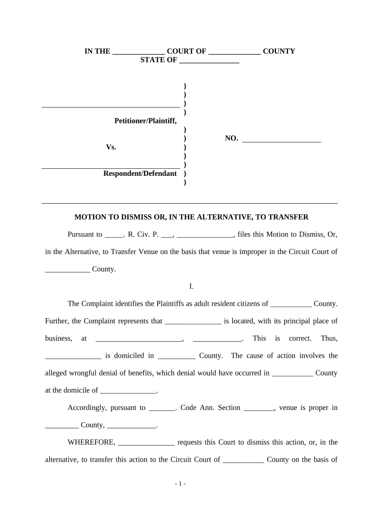 Motion to Dismiss or Transfer Civil Trial  Form