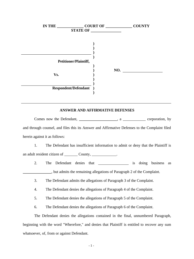 Affirmative Defenses Slip Fall  Form